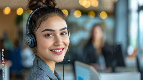 Cheerful young woman wearing a headset and working at a computer, in a customer service or call center environment.