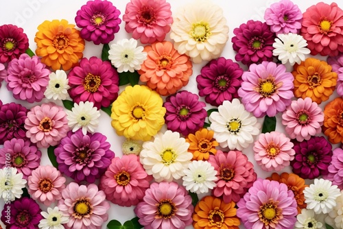 Vibrant cluster of zinnia flowers on a clean white backdrop  ideal for text.