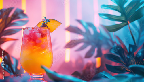 A bizarre scene of tropical cocktails, tropical plant leaves and neon lights photo