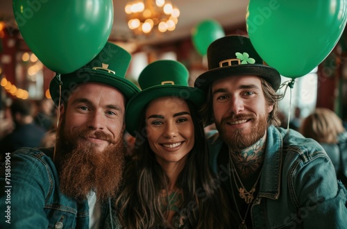 people dressed in st patricks day hats and green balloons
