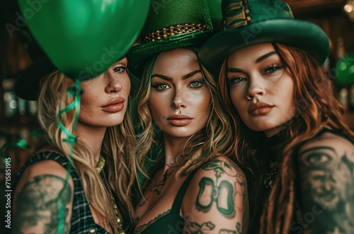 people dressed in st patricks day hats and green balloons