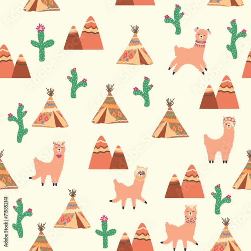 Cute pattern with llamas, cacti, Alps mountains, dream catcher, rainbows and hearts. Children s room design