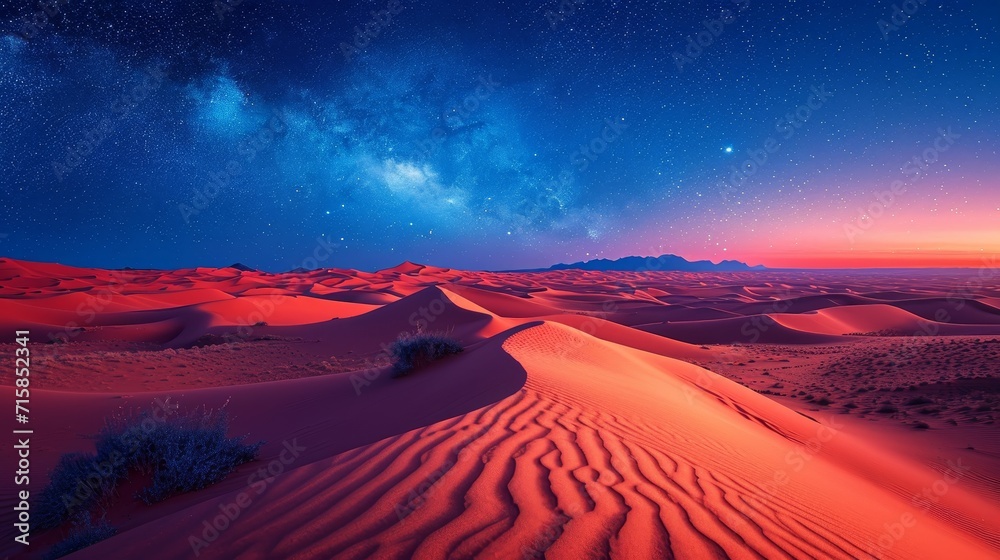 Naklejka premium Starlit Desert: Glowing Sands Under the Cosmos