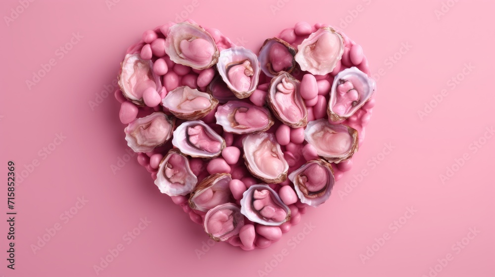 heart made of fresh Oysters on a pink background, copy space, 16:9