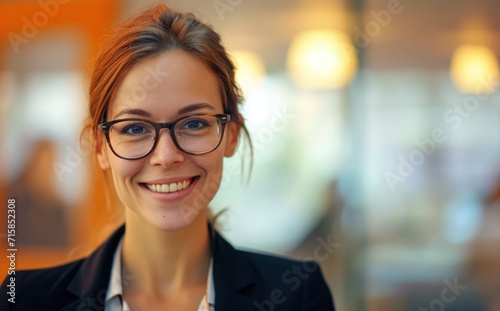 Professional woman with glasses, smiling warmly. create ai