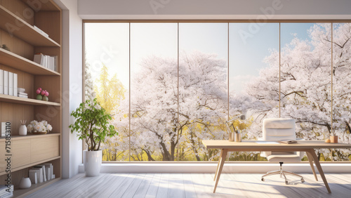 Colorful Spring scenic interior home office computer desk room background or backdrop for online presentations and virtual meetings for teams video call