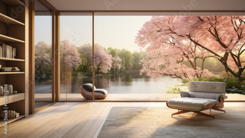 Colorful Spring scenic home office room background or backdrop for online presentations and virtual meetings on a lake water scene