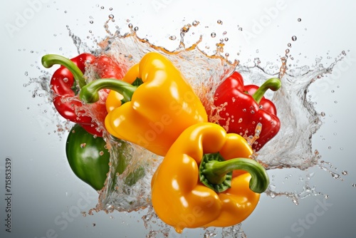 bell peppers in the air. falling  flying whole vegetables and a splash of water. levitation. a frozen frame.