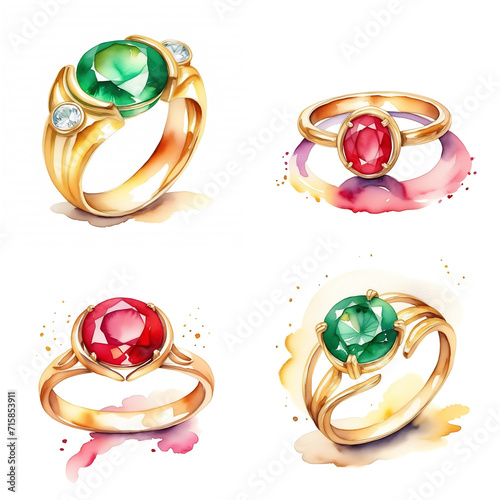 Set of watercolor golden rings with ruby and emerald. Shining gold accessories in png format isolated on white background. Ai generated illustration. 