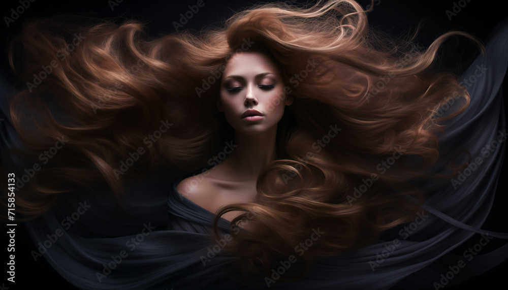 Glamour in the motion of a supermodels long, flowing waves. The intricate makeup and hairstyle add to the allure of the scene. AI Generative.
