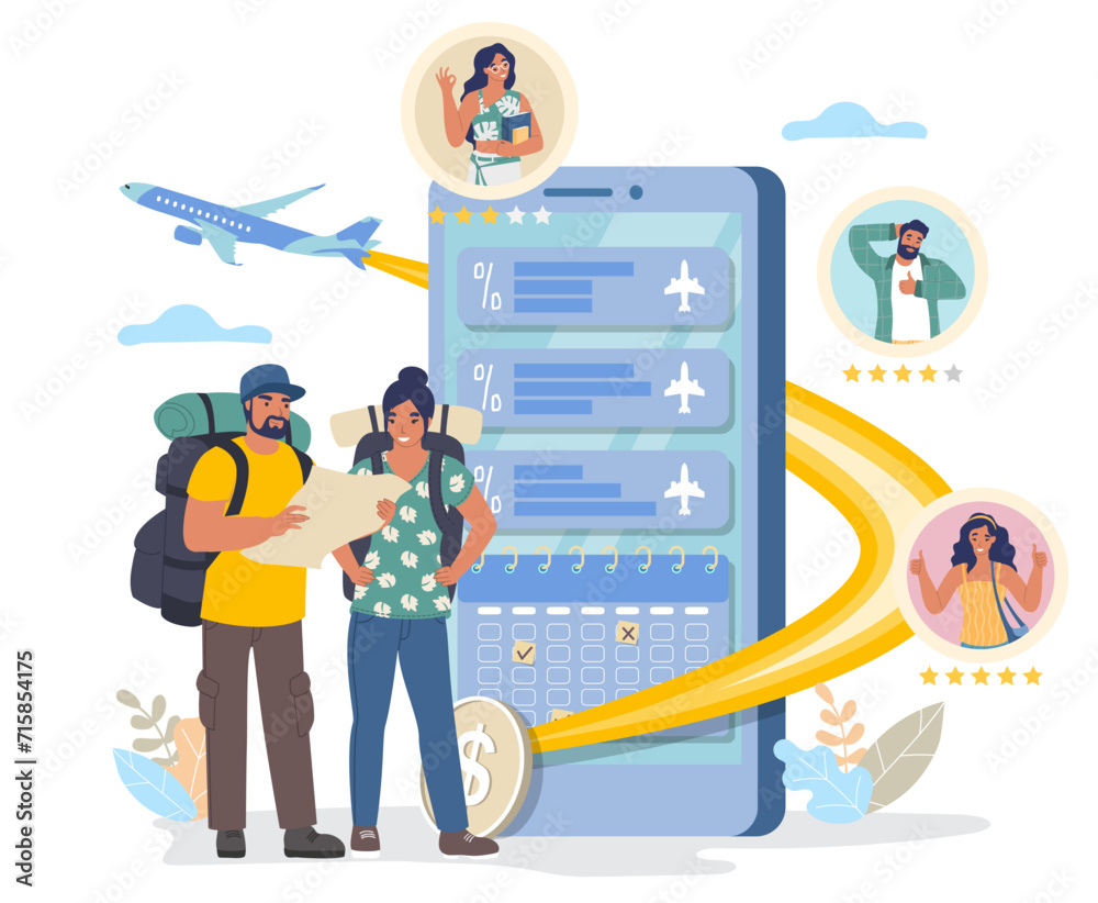 People traveler booking, ordering and buying flight ticket by mobile application