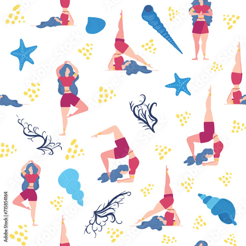 Seamless pattern Plus size curvy girls doing yoga class. Online home workout concept. Body positive