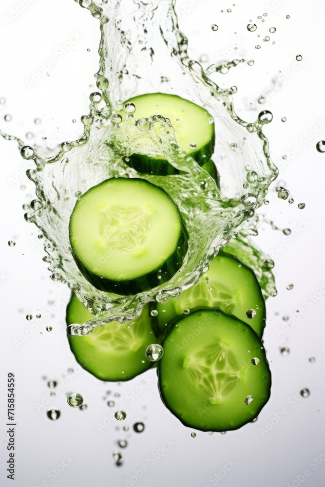 cucumber circles in the air. falling, flying pieces of vegetable and a splash of juice. levitation. a frozen frame. cucumber circles in the air. falling, flying pieces of vegetable and a splash of juice. levitation. a frozen frame.