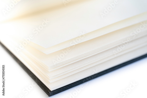Open book with white blank pages and a black linen cover  isolated on a white background. Very narrow depth of field