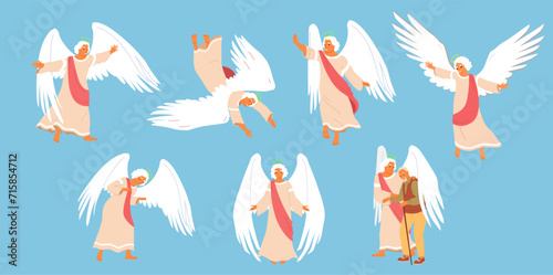 Guardian angels characters with wings wearing gown isolated set