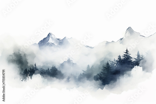 Foggy watercolor mountains, hills and trees isolated elements ,mountains watercolor forest wild nature. watercolor mountain range with high peaks against the blue sky. © Farjana CF- 2969560