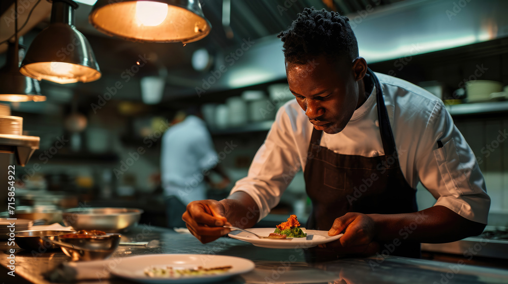 Focused male chef is meticulously garnishing a dish in a professional kitchen setting. Focused male chef is meticulously garnishing a dish in a professional kitchen setting.
