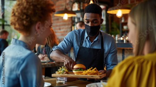 Waiter wearing a protective face mask is serving a burger and fries to two customers at a restaurant.