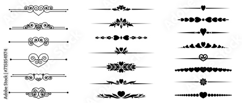 Vector set of decorative dividers with hearts. Text separators. Page decors in black. Design elements for invitations and holiday cards. Ornaments for Valentine's Day or wedding invitations.
