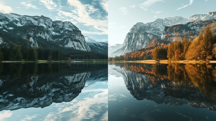 Papier peint photo Canada Split in half picture of a mountain and a lake generative ai  © Shahida