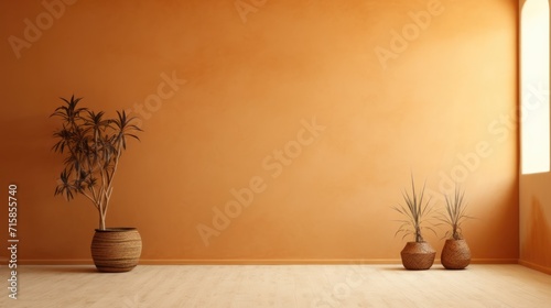 Clean and simple warm color peach orange terracotta wall empty room background or backdrop for online presentations and virtual meetings
