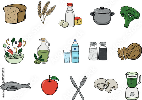 Food graphics, eating and cooking vector icons, hand drawn, kitchen icons (ID: 715855922)
