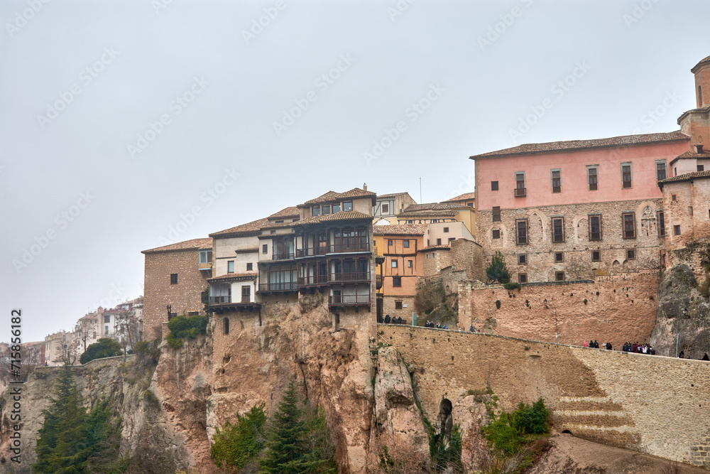 Hanging house on the cliff with wooden balconies in Cuenca, Spain