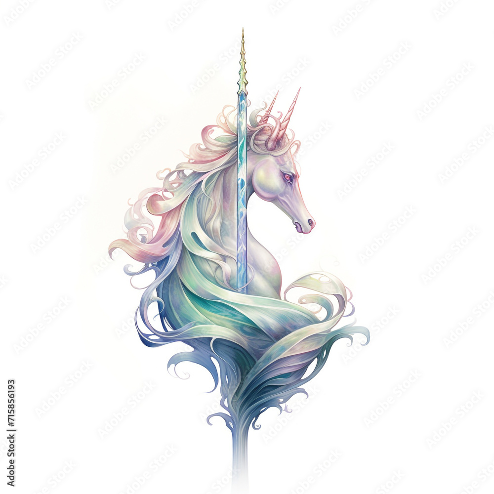 the elegance of a mermaid tail with a unicorn horn charm, isolated on a white background
