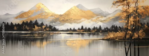 Panel kuchenny z motywem Art acrylic oil painting mountains  landscape with gold details, tree and reflection of water from a lake