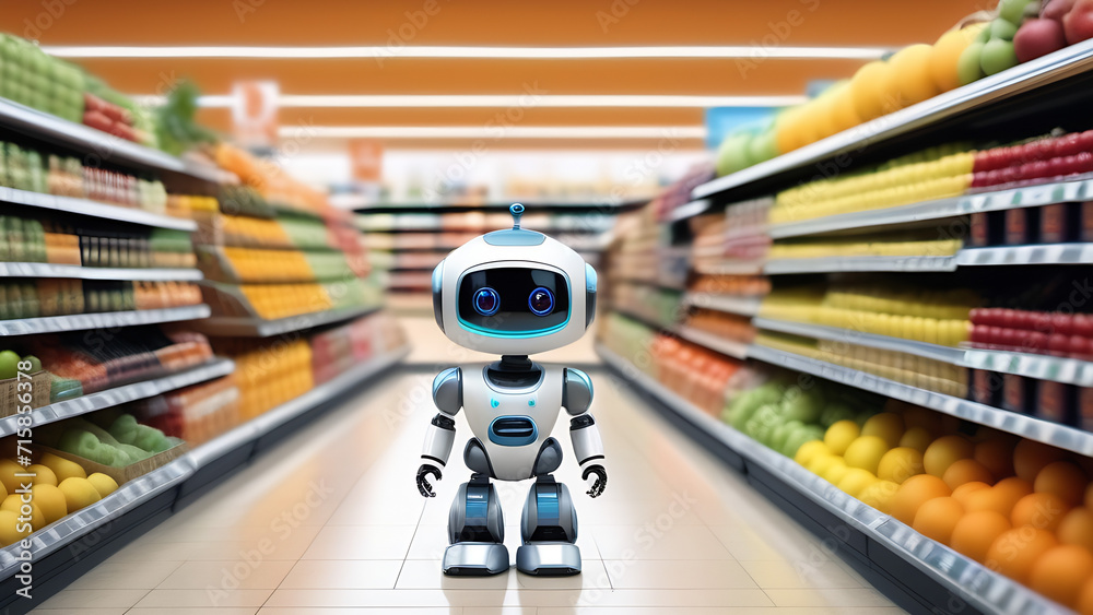 Humanoid cute robot working in supermarket, nanotechnoogy, progress in 21st century