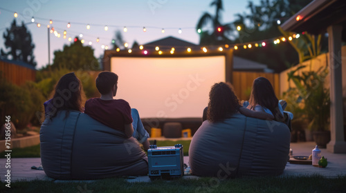 Group of friends from behind, sitting and enjoying an outdoor movie night with a blank screen, surrounded by garden lights at dusk.
