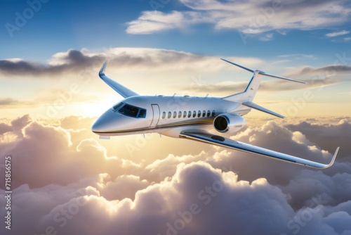 Against the backdrop of the sunset, a business jet traverses the clouds with sleek, high-flying elegance.