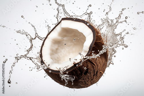 cracked coconut with big splash, Coconuts with water splash isolated on white background photo