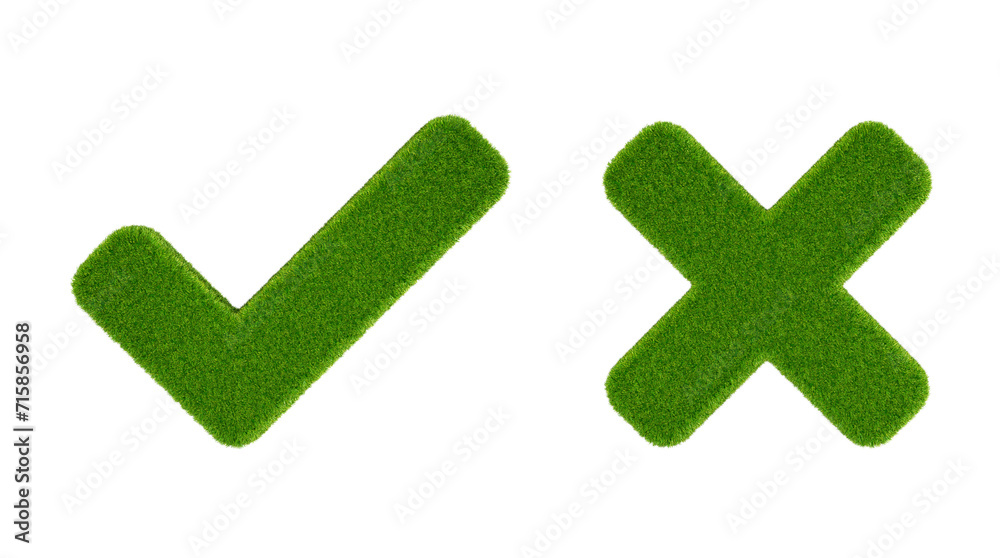 Grass-covered tick and cross symbols isolated on transparent background. 3D rendering Grass-covered tick and cross symbols isolated on transparent background. 3D rendering
