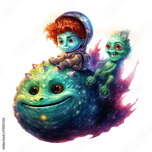 travel through a colorful galaxy with a friendly alien companion, isolated on a white background