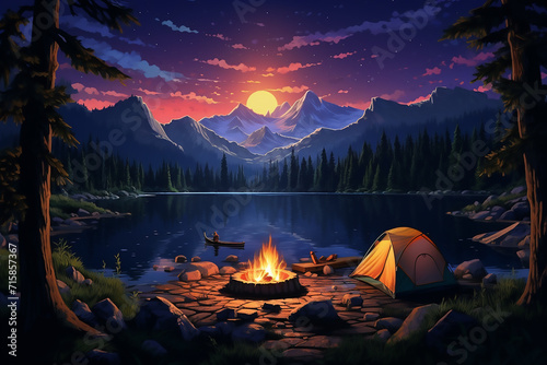 Forest Tent .illustration of Camping Evening Scene. Tent  Campfire  Pine forest and rocky mountains background  starry night sky with moonlight