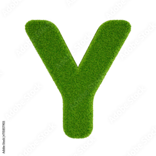 Grass-covered letter Y isolated on transparent background. 3D rendering