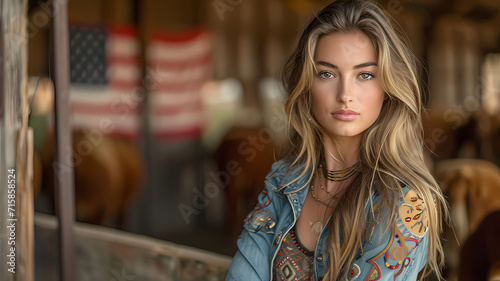 Beautiful American Woman Cowgirl Dressed in Classic Country Outfit photo