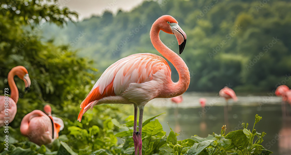 Fototapeta premium the tranquility and vibrancy of a flamingo in the summer.