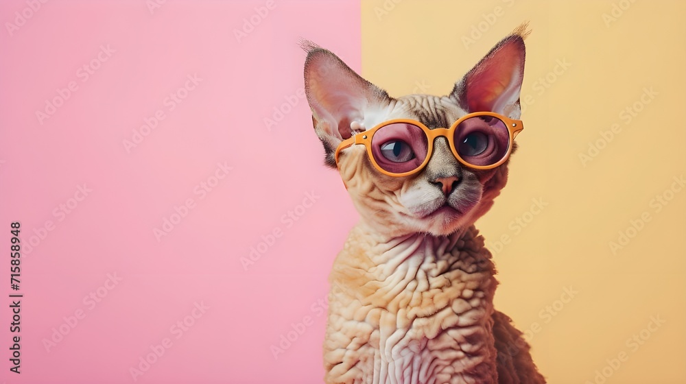 Creative animal concept. Devon Rex cat kitten kitty in sunglass shade glasses isolated on solid pastel background, commercial, editorial advertisement, surreal surrealism