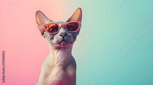 Creative animal concept. Devon Rex cat kitten kitty in sunglass shade glasses isolated on solid pastel background, commercial, editorial advertisement, surreal surrealism © Muzikitooo
