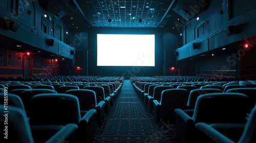 Empty cinema theater with rows of red seats facing a large blank movie screen, ready for a film to be projected.
