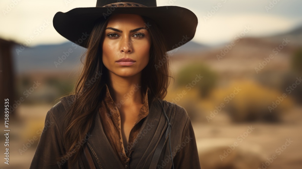 Photorealistic Adult Latino Woman with Brown Straight Hair retro Illustration. Portrait of a person in western movie vintage style. Cowboy spirit Ai Generated Horizontal Illustration. Photorealistic Adult Latino Woman with Brown Straight Hair retro Illustration. Portrait of a person in western movie vintage style. Cowboy spirit Ai Generated Horizontal Illustration.