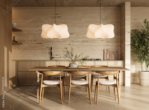 Contemporary kitchen dining area with designer pendant lights