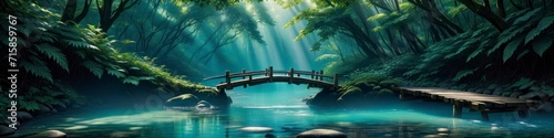 Photorealistic banner for World Environment Day, old wooden bridge over forest stream, wooden planking, sun rays breaking through tree crowns. Background for poster, banner, social networks photo