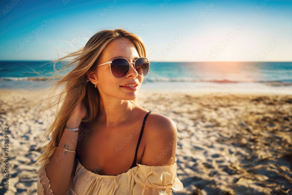 blonde woman with sunglasses on beach, enjoying sunny day blonde woman with sunglasses on beach, enjoying sunny day