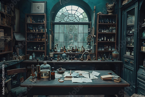 A mysterious alchemy room with a retro fantasy office vibe, belonging to an old-school wizard. photo