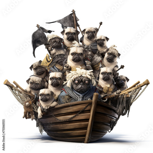 Pugs dressed as fearless Viking warriors sail the sea of ​​bones on their trusty longship, isolated on a white background