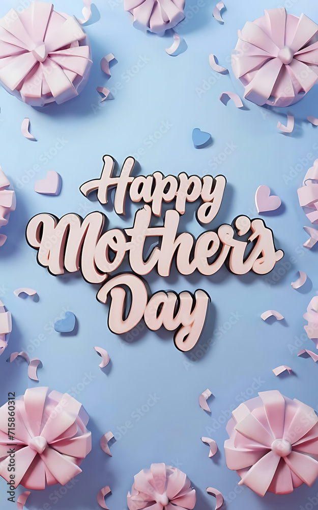 Blue Cute Happy Mother's Day Greeting, illustration, 3d render, typography