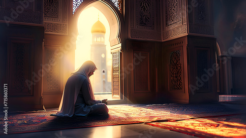 A Muslim man praying in mosque Ramadan Islamic background Generative Ai
